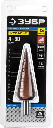Сверло ЗУБР "КОБАЛЬТ" ступен. по сталям, цв.мет.ст.Р6М5 с кобальт.покрыт.d4-30 мм,14ст.d4-30, L-100мм, трехгр.хв. 10мм 29672-4-30-14 купить в Когалыме