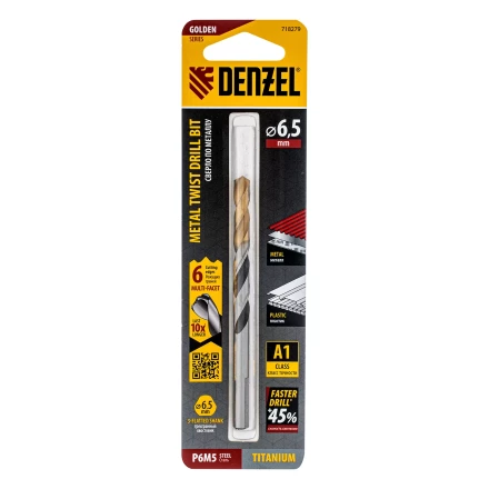 Сверло спиральное по металлу Denzel 6,5 x 93мм, Р6М5, Golden Tip, многогранная заточка, 718279 купить в Когалыме