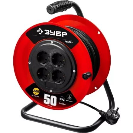 Удлинитель на катушке "ПВС 307", 50 м, 2500 Вт, 4 гнезда, ПВС 3х0,75 кв мм, ЗУБР 55083-50 купить в Когалыме