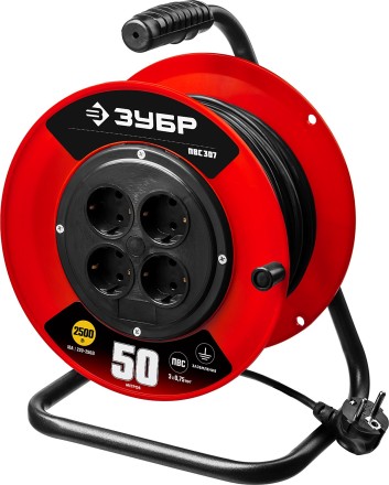 Удлинитель на катушке &quot;ПВС 307&quot;, 50 м, 2500 Вт, 4 гнезда, ПВС 3х0,75 кв мм, ЗУБР 55083-50 купить в Когалыме