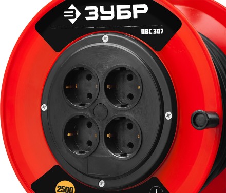 Удлинитель на катушке &quot;ПВС 307&quot;, 50 м, 2500 Вт, 4 гнезда, ПВС 3х0,75 кв мм, ЗУБР 55083-50 купить в Когалыме