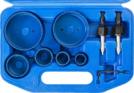 Набор коронок-чашек ЗУБР "ПРОФЕССИОНАЛ" c карбид-вольфрамовым нанесением, 6 коронок-чашек O 22, 28, 35, 44, 68, 73 мм, 2 державки со сверлами, ключ 33360-H6_z01 купить в Когалыме