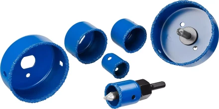 Набор коронок-чашек ЗУБР "ПРОФЕССИОНАЛ" c карбид-вольфрамовым нанесением, 6 коронок-чашек O 22, 28, 35, 44, 68, 73 мм, 2 державки со сверлами, ключ 33360-H6_z01 купить в Когалыме