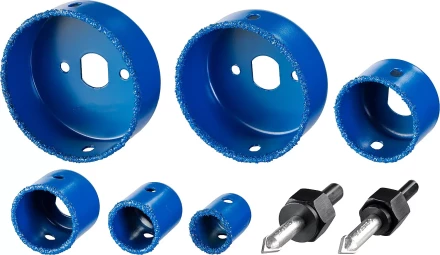 Набор коронок-чашек ЗУБР "ПРОФЕССИОНАЛ" c карбид-вольфрамовым нанесением, 6 коронок-чашек O 22, 28, 35, 44, 68, 73 мм, 2 державки со сверлами, ключ 33360-H6_z01 купить в Когалыме