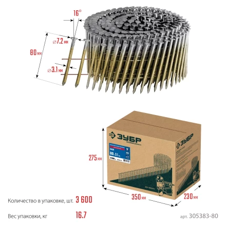 ЗУБР CNW 80 х 3.1 мм, барабанные гвозди рифленые оцинкованные, 3600 шт (305383-80) купить в Когалыме
